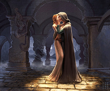 forbidden love, night, man, , woman, moonlight, moon, abstract, love, ruins HD wallpaper