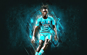 Eduardo Camavinga, Real Madrid, French footballer, midfielder, blue stone background, Camavinga of Real Madrid, La Liga, football HD wallpaper