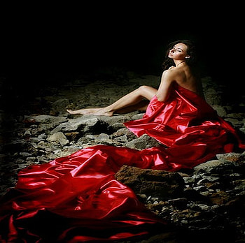 Model in night, red, stone, dress, rocks, modeling, female HD wallpaper