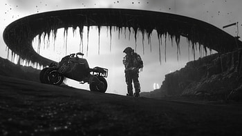 Death Stranding B&W — Lone Porter & Bike Beneath the Arch, Black & White, Video Game, Death Stranding HD wallpaper