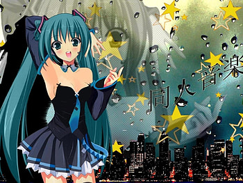 Hatsune Miku, city lights, awesome, stars, nice, skyscrapers, hatsune, aqua eyes, happy, sexy, hot, girl, aqua, anime, pretty, virtual, black, song, cute, vocaloid, dress, beauty, miku, buildings, music, vocaloids, thighhighs, program, city, rain, beautiful, diva, tie, aqua hair, lights, yellow, cool, clouds, sky, idol HD wallpaper