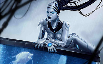 Fantasy, Girl, Mechanism, Aquarium, Fish, Cyborg HD wallpaper