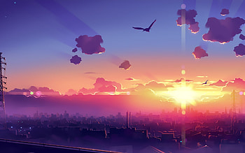 Bird city cloud, Anime sunset, Original artwork, Serene beauty HD wallpaper