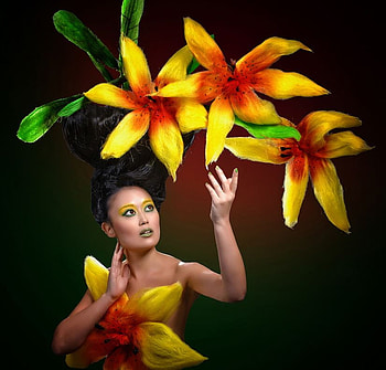 Her flowers, her beauty, model, flower, flowers, colorful art, female HD wallpaper