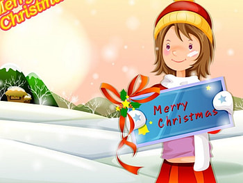 Merry Christmas!, blue, winter, white, art, cute, girl, day, snow, yellow, christmas, red, vector, sun, bow HD wallpaper