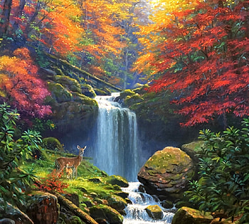 Mystic Falls II, falls, attractions in dreams, colors, paintings, waterfalls, love four seasons, leaves, deer, trees, autumn, nature, fall season HD wallpaper
