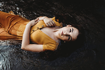 Girl Lying Down Orange Dress , girls, model HD wallpaper