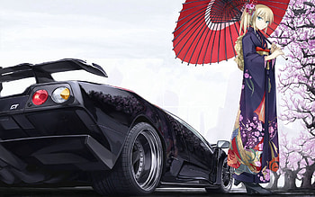 Anime, Sakura, Car, Machine, Girl, Umbrella, Kimono, Classic HD wallpaper