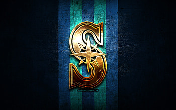 Seattle Mariners emblem, MLB, golden emblem, blue metal background, american baseball team, Major League Baseball, baseball, Seattle Mariners HD wallpaper
