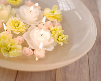 Romance by Candlelight, bowl, floating flowers, flames, flower candles HD wallpaper