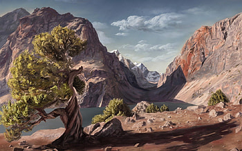 Mountain Painting, paint, nature, tree, mountain HD wallpaper