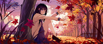 Anime Hyouka Chitanda Eru black hair purple eyes fall leaves HD wallpaper