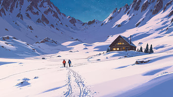 Hikers Walking Through Snow Valley, house, snow, clouds, cloud, mountains, mountain, star, sky, artist, artwork, art, digital-art, ai HD wallpaper