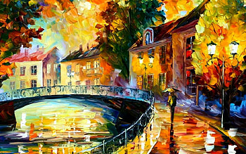 Lonely Night Walk, abstract, art, alone walking, lights, homes, bridge, water HD wallpaper