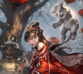 The Goddess and the little tiger, tiger, art, fantasy, red, antilous, tigru, girl, goddess, antilous chao HD wallpaper