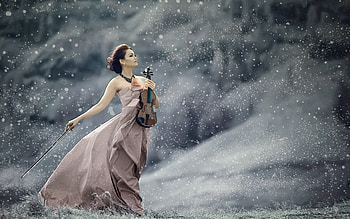 Winter Sonet, sonet, Woman, feminine, violin, Winter, music, snow, gown, lovely HD wallpaper