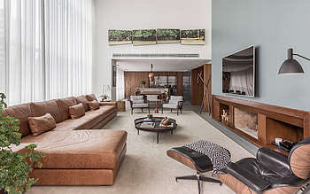 stylish living room interior design, brown leather sofa, modern interior design, kitchen, living room, living room idea, white walls in the living room HD wallpaper