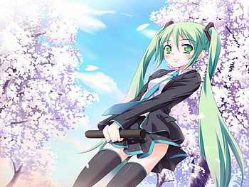 Hatsune Miku, awesome, sunlight, cute, vocaloid, beauty, nice, miku, diploma, vocaloids, hatsune, thighhighs, trees, skirt, sakura trees, blue eyes, twintail, blue hair, beautiful, tie, kawaii, cherry blossom trees, anime, pretty, sakura, cool, clouds, blushing, sky HD wallpaper