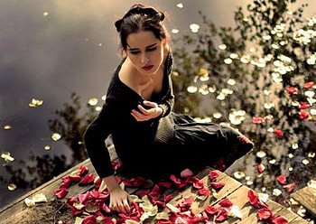 Breath of Autumn, breath, black, autumn, flowers, dress, lake, woman HD wallpaper
