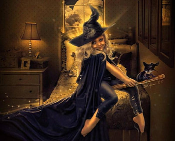 The Witchling, magic, broom, cat, girl, witch HD wallpaper