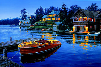 Legends at bay, blue, boat, coast, bay, dusk, tranquil, quiet, shore, reflection, painting, art, lake, cabin, lights, nature, cottage, calmness, legends HD wallpaper