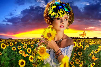 Sunset and Flowers, blue, white, vibrant, yellow, red, bright, girl, orange HD wallpaper