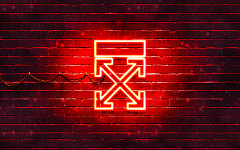 Off-white red logo, , red brickwall, Off-white logo, brands, Off-white neon logo, Off-white HD wallpaper