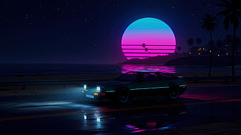 Car Through Shoreline Lake Glow Night Drive, synthwave, cars, night, ai, artist, artwork, digital-art HD wallpaper