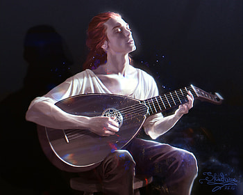 Kvothe, black, man, pauline voss, ary, dark, instrument, fantasy, luminos HD wallpaper