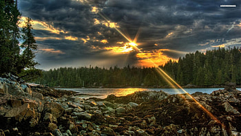 fabulous sunset r, river, clouds, rocks, forest, sunset HD wallpaper