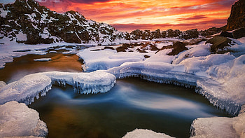Icelandic River In Winter, winter, snow, colors, landscape, sky, rocks, stones, sunset HD wallpaper