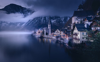 Hallstatt, morning, sunrise, Hallstatt lake, chapel, mountain lake, Alps, Hallstatt cityscape, Austria HD wallpaper