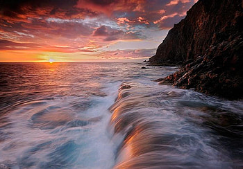 Meeting the ocean, falls, blue, river, golden, foam, pink, clouds, sunset, ocean HD wallpaper