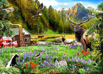 Out in the Woods, mountains, deer, artwork, digital, trees, flowers, houses HD wallpaper