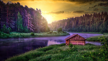 Cabin near river, river, nature, Cabin, sunset HD wallpaper