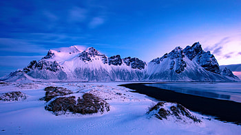 Vestrahorn, Iceland, winter, coast, snow, landscape, sky, rocks, mountain HD wallpaper