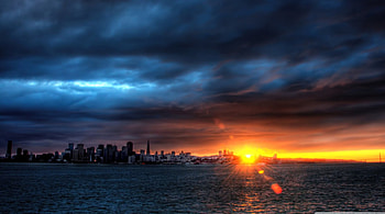 sunset over frisco bay r, city, bay, clouds, bridge, r, sunset HD wallpaper