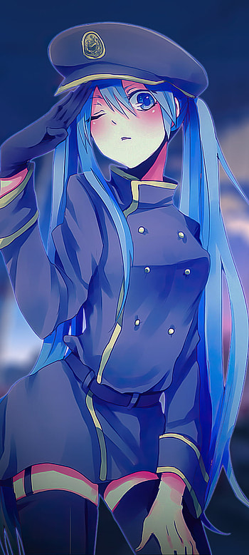 Blue-Eyed Azure Cadet — Long-Haired Anime, blue eyes, blue hair, long hair, uniform, Anime, Original HD phone wallpaper