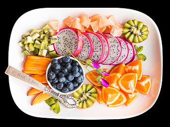 A Platter of Exotic Fruit, white, black, color, graphy, exotic, blueberry, kiwi, platter, food, orange, pineapple, abstract, mangoes, fruit HD wallpaper