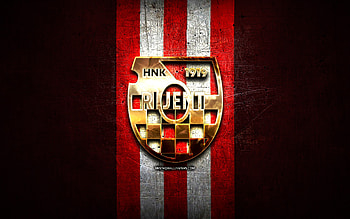 Orijent 1919 FC, golden logo, HNL, red metal background, football, croatian football club, HNK Orijent 1919 logo, soccer, HNK Orijent 1919 HD wallpaper