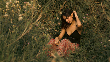 Girl In Black In Wildflower Field, black-dress, girls, model, hoot, field HD wallpaper