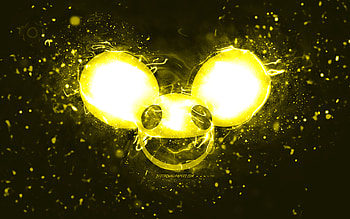 Deadmau5 yellow logo, , canadian DJs, yellow neon lights, creative, yellow abstract background, Joel Thomas Zimmerman, Deadmau5 logo, music stars, Deadmau5 HD wallpaper