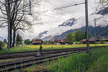 Nature, Grass, Mountains, Railway HD wallpaper