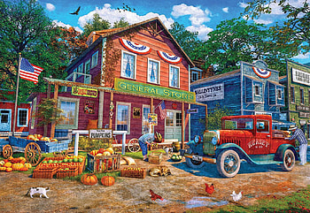 General Store, dog, birds, hens, car, house, cat, flag, artwork, pumpkins, painting, trees HD wallpaper