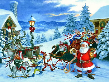 Christmas eve, winter, nice, snowflakes, holiday, painting, snow, trees, new year, friends, beautifuful, hills, frost, snowy, frozen, art, slope, house, cold, eve, gifts, santa claus, mountain, sledge, christmas, lights, noel, clouds, sky, lantern, joy, lovely HD wallpaper