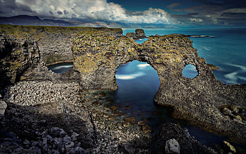 Nature, Stones, Pebble, Sea, Clouds, Rocks, Shore, Bank, Arch, Volumetric, Reefs, Hole, Voluminous HD wallpaper
