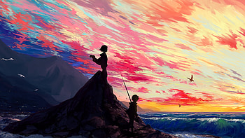 :-), sea, children, art, orange, rock, anime, fantasy, hangmoon, luminos, silhouette, sunset HD wallpaper