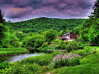 Lost in the green, river, isolated, hills, house, bushes, clouds, flowers, tree HD wallpaper