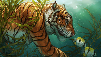 Catching fish, pesti, tigru, fish, orange, water, blue, tiger, summer, fantasy, luminos, vara HD wallpaper