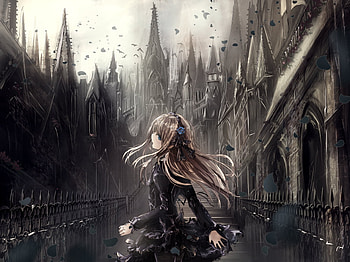 ☮|Chaos|☮, Fair Skin, Alone, Castle, Cute, Fantasy, Wonderful, Beautiful, Spikes, Chaos, Black Dress, Black Headband, Blue Eyes, Blue Rose, Lonely, Lovely, Black, Anime, Destruction, Black Ribbons, Girl, Sweet, Dark, Kingdom, Fence, Blonde, Long Hair, Mystery, Birds HD wallpaper